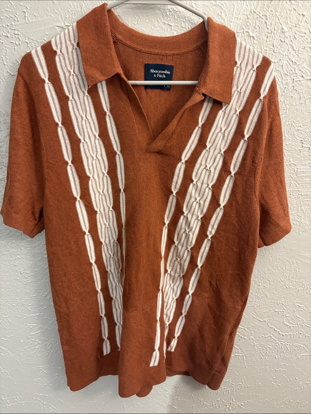 Abercrombie & Fitch Rust Knit Short-Sleeve Polo with Cream Stripes